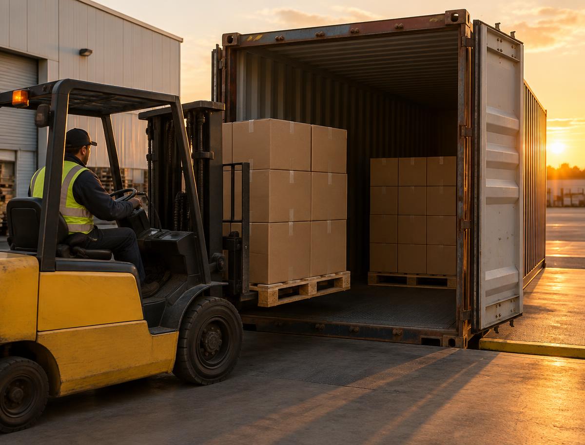 Forklift loading cartons into a shipping container