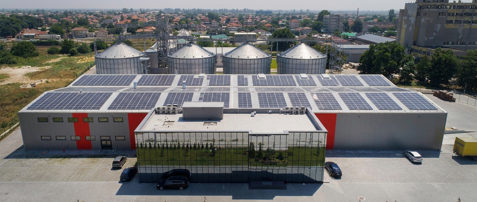 Aerial view of the AST Popcorn factory with rooftop solar panels