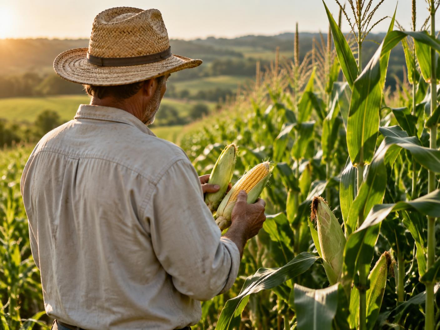 A farmer in a straw hat checking corn cobs in a green field