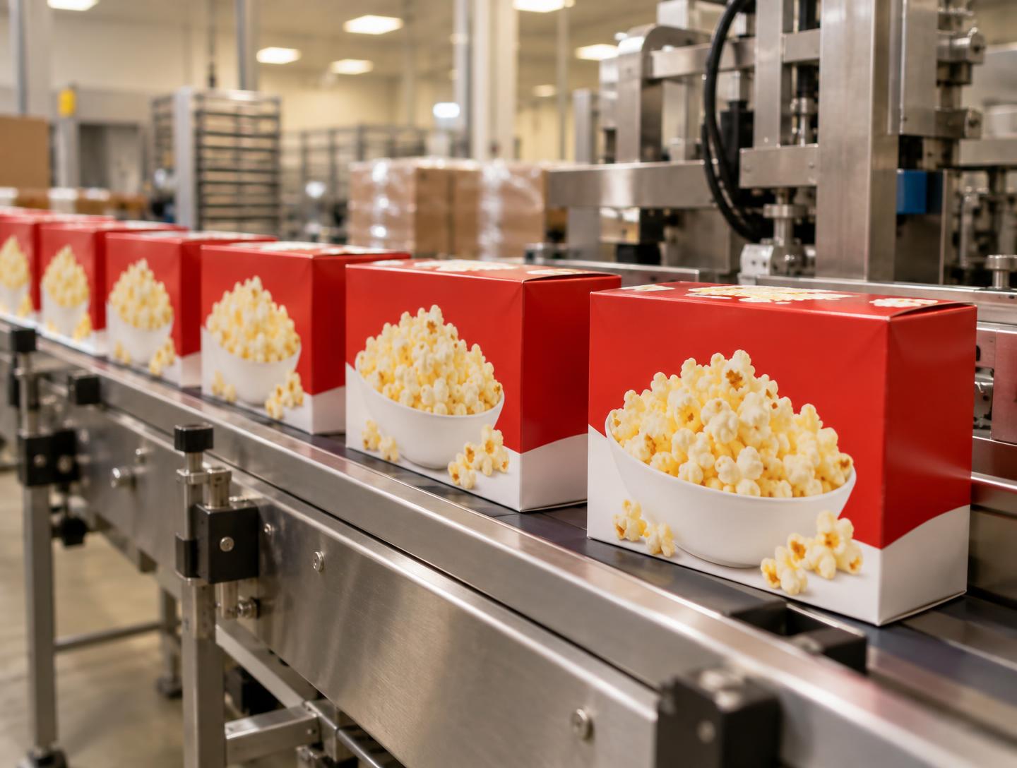 Popcorn boxes moving along a packing line